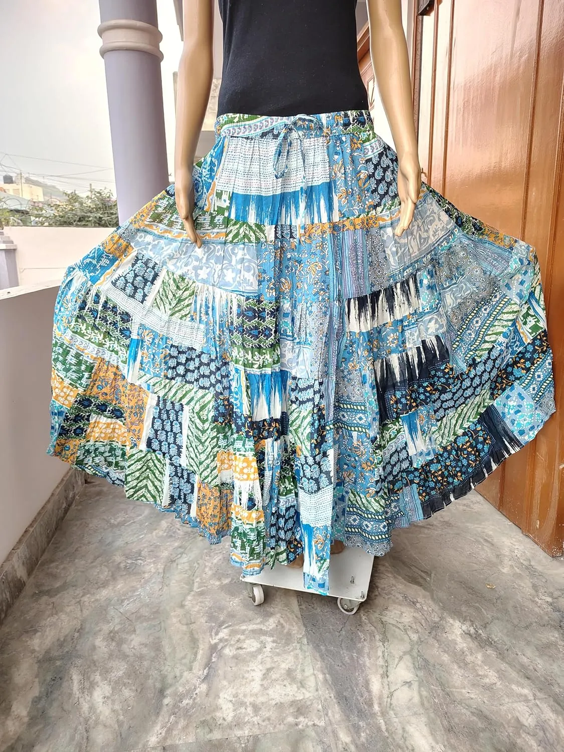 Rastogi Handicrafts Women's Boho Maxi Skirt, Paisley Floral Print, Geometric Pattern, Waist, Long Flowy Design