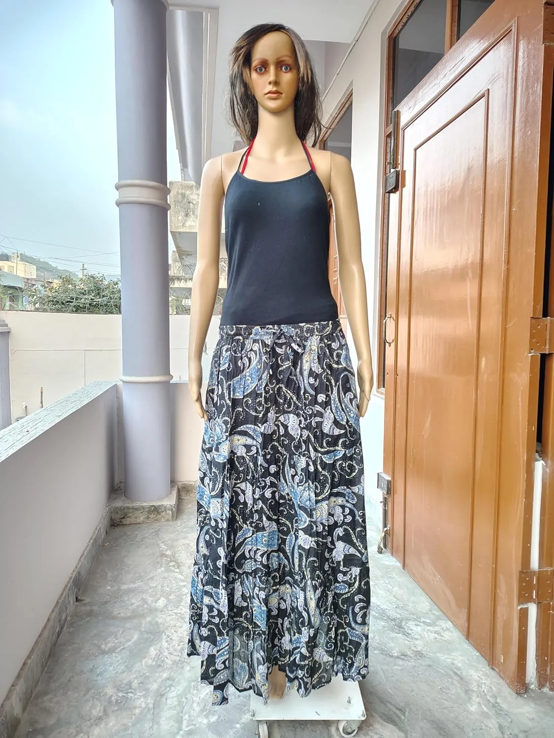 Rastogi Handicrafts Women's Boho Maxi Skirt, Paisley Floral Print, Geometric Pattern, Waist, Long Flowy Design