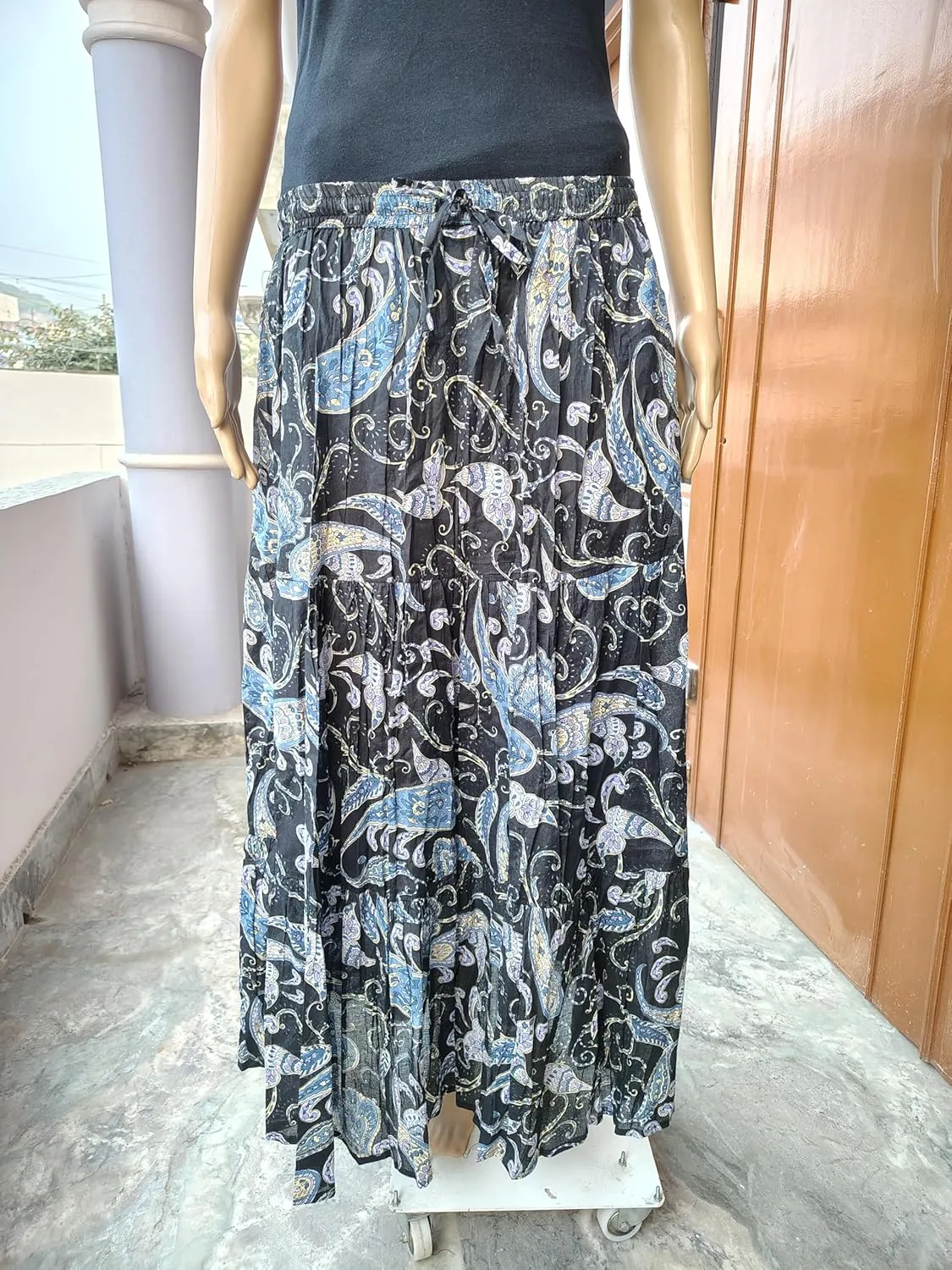 Rastogi Handicrafts Women's Boho Maxi Skirt, Paisley Floral Print, Geometric Pattern, Waist, Long Flowy Design
