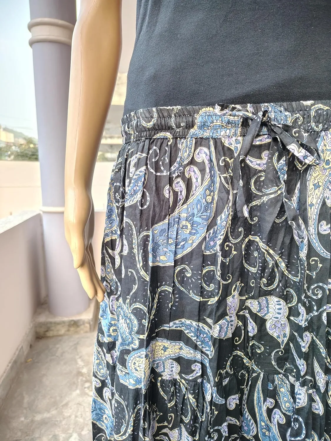 Rastogi Handicrafts Women's Boho Maxi Skirt, Paisley Floral Print, Geometric Pattern, Waist, Long Flowy Design