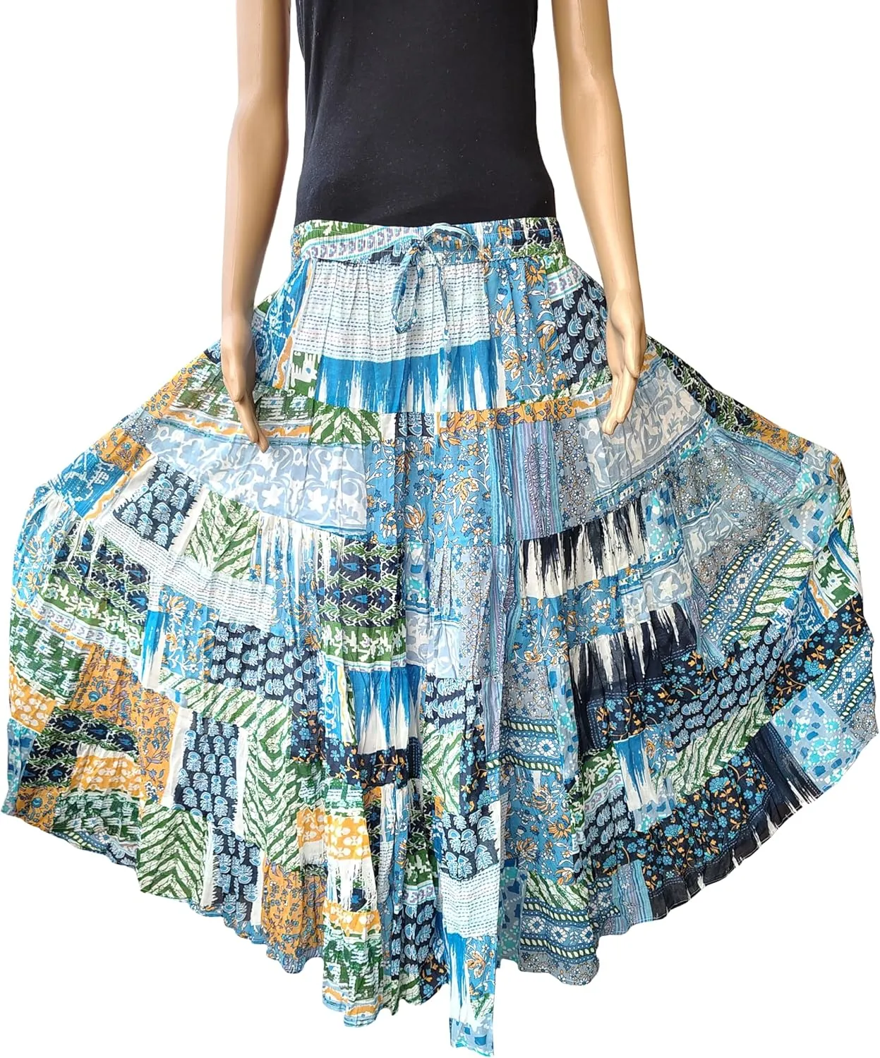 Rastogi Handicrafts Women's Boho Maxi Skirt, Paisley Floral Print, Geometric Pattern, Waist, Long Flowy Design