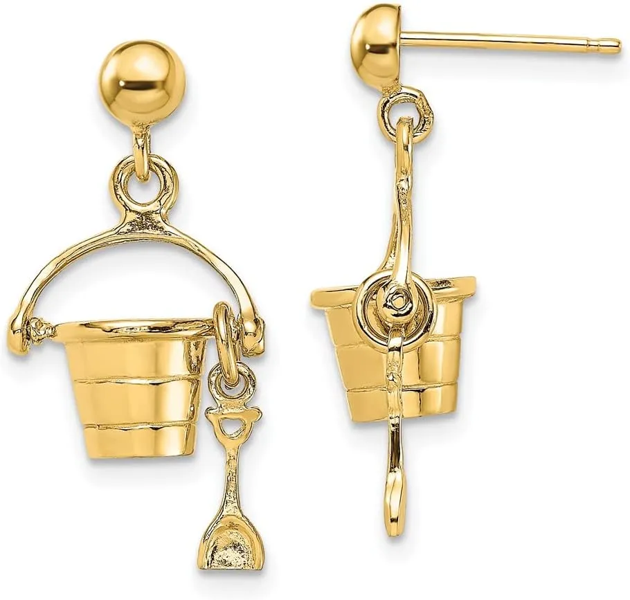 Real 14k Yellow Gold 3-D Beach Bucket Shovel Dangle Earrings - 18mm x 11mm