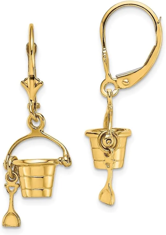 Real 14k Yellow Gold 3-D Beach Bucket Shovel Leverback Dangle Earrings - 27mm x 11mm