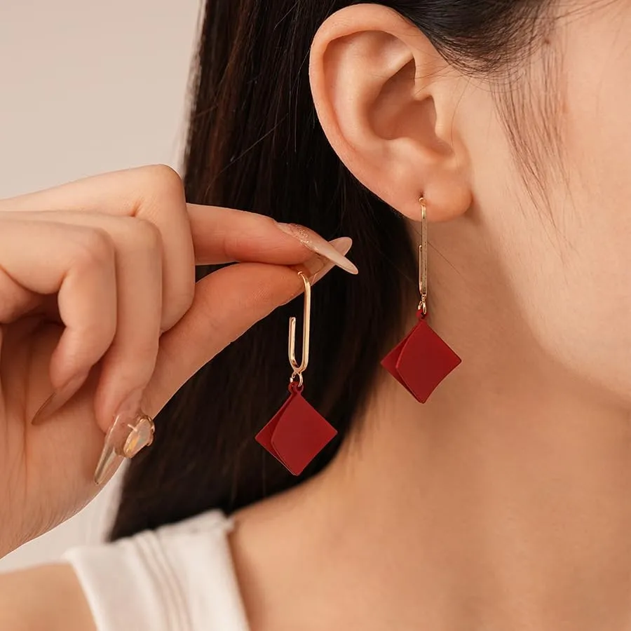 Red Irregular Geometric Dangle Earrings for Women, Cute Dainty Lightweight Drop Earrings for Woman, Trendy Red Rhombic Dangling Earrings