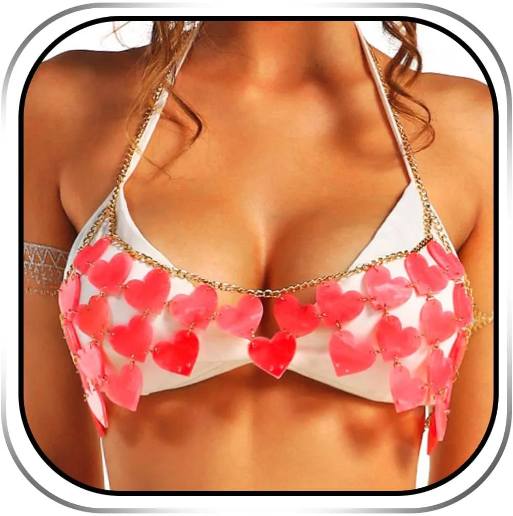 REETAN Heart Bra Chain Sequin Pink Body Jewelry for Women