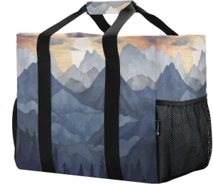 Reusable Grocery Bags with Reinforced Handles & Side Pockets, Nature Mountain Waterproof Beach Tote Bag Large Foldable Handbags for Shopping, Travel, Gym