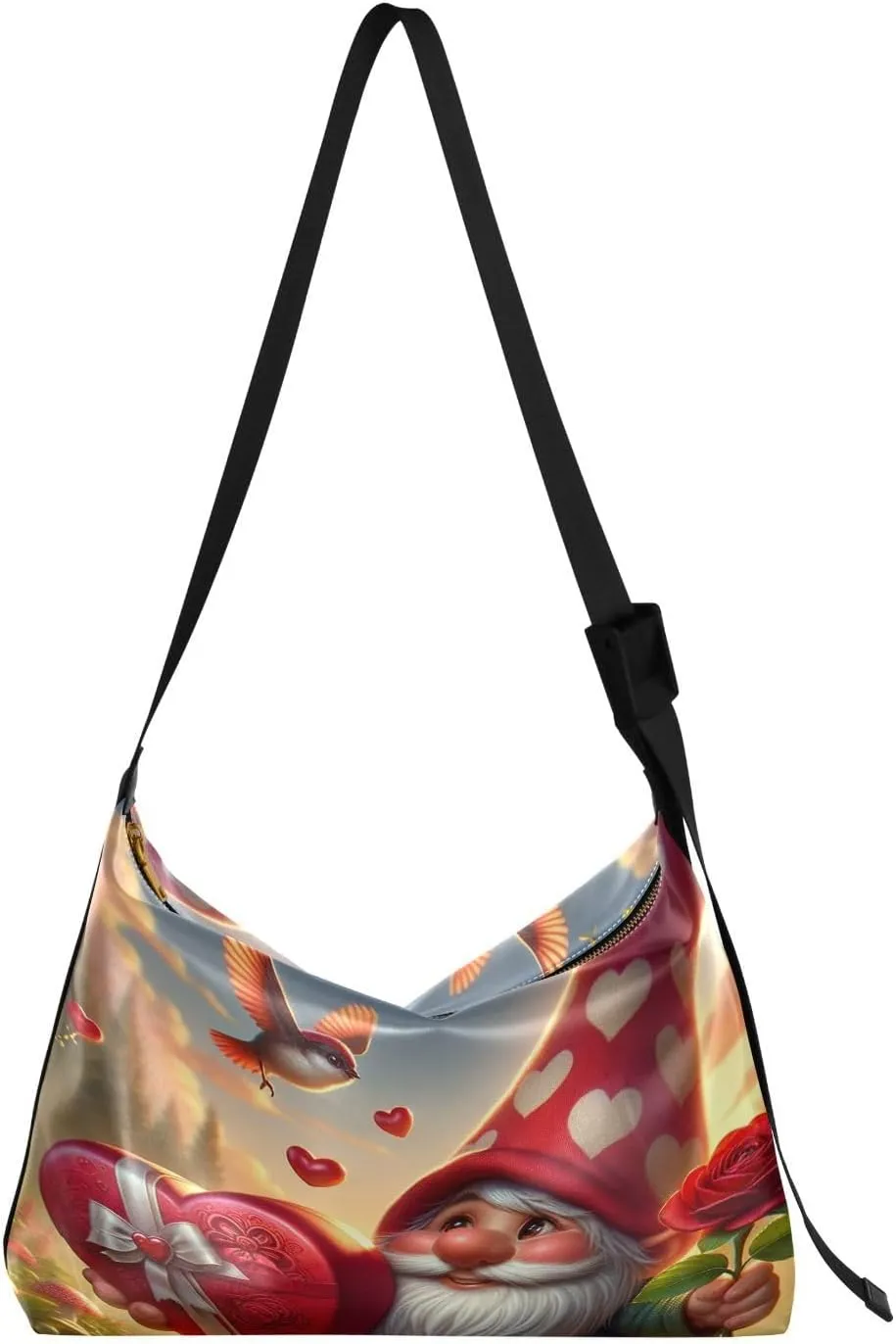 Rose Flower Gnome Hobo Crossbody Bags for Women Leather Large Shoulder Bag Cross Body Valentine's Day Trendy Womens Tote Bags Handbag for Travel Shopping