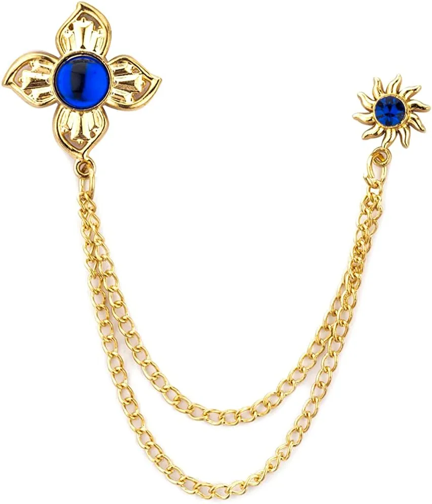 Royal Blue Stone Gold Star With And Hanging Tassel Chain Hat Pin, Lapel Pin, Cap Badge Accessories for Men