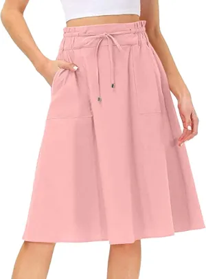 Rvidbe Women's Drawstring High Waisted Midi Skirts with Pockets Summer Casual Flowy Pleated A-Line Flared Cotton Skirts