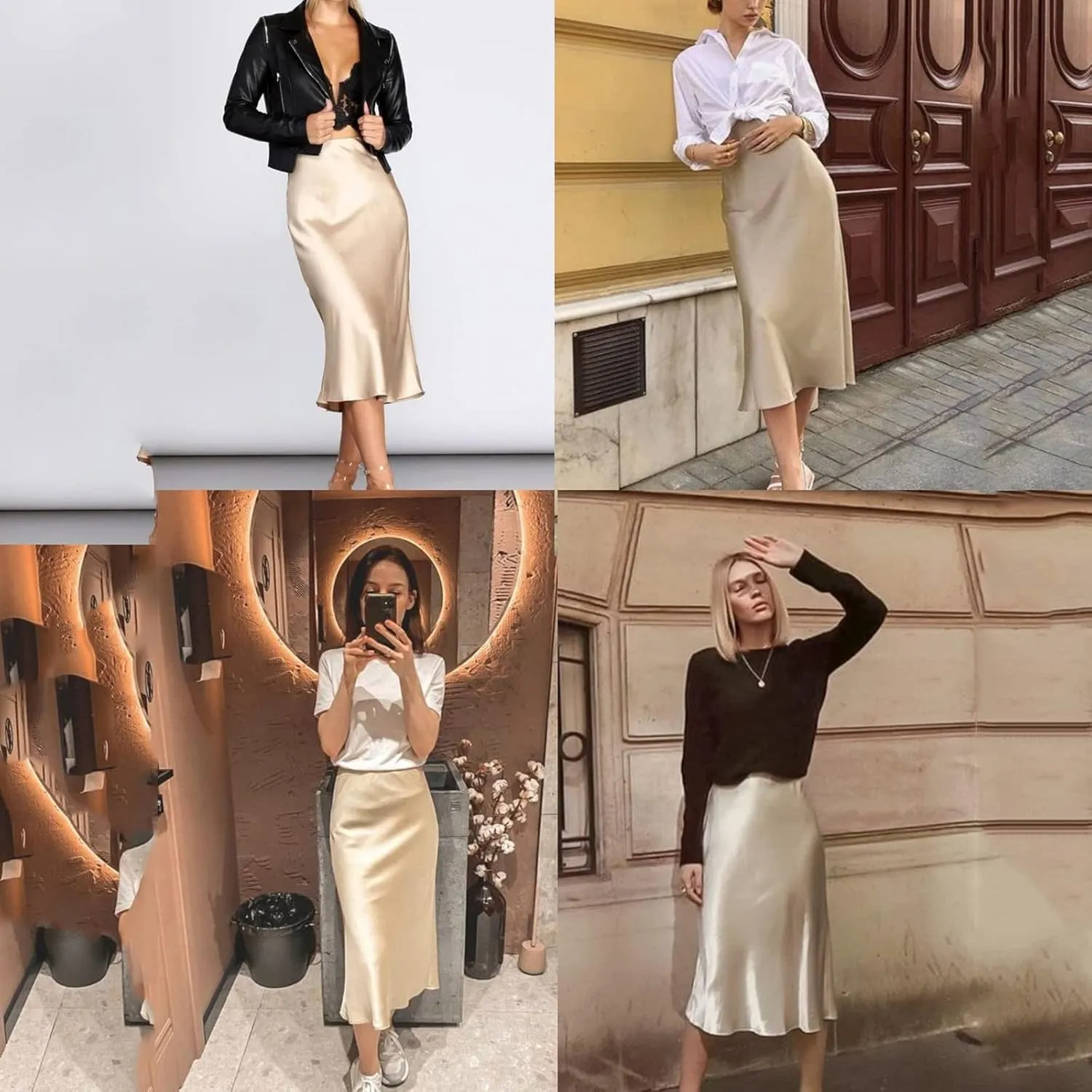 Rvidbe Women's Elastic High Waisted Midi Skirts Summer Dressy Casual Work Office Flowy A-Line Flared Stain Long Skirts