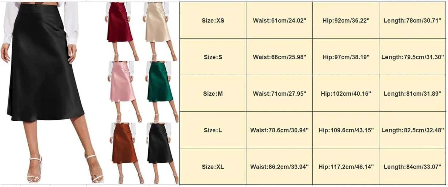Rvidbe Women's Elastic High Waisted Midi Skirts Summer Dressy Casual Work Office Flowy A-Line Flared Stain Long Skirts