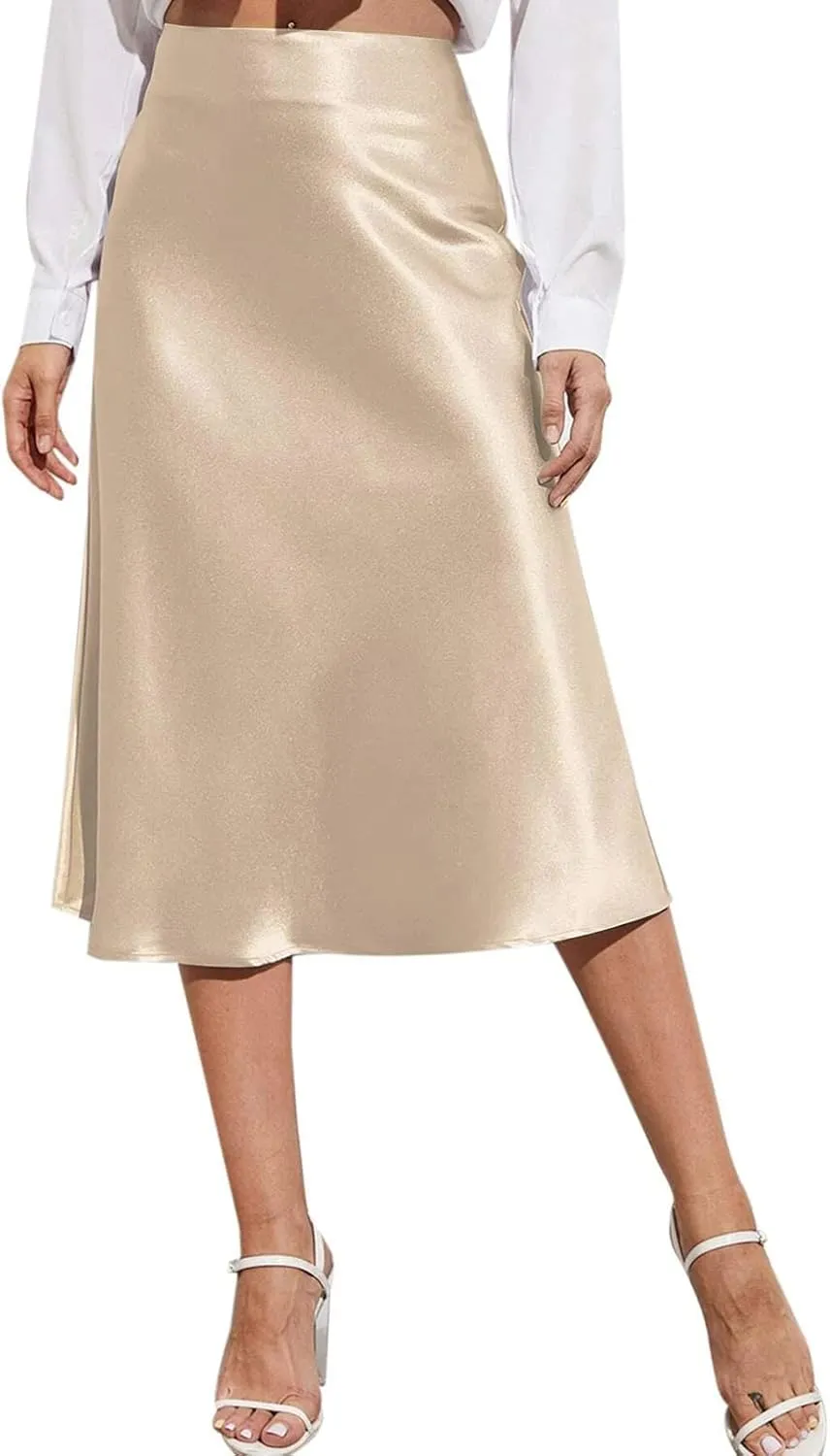 Rvidbe Women's Elastic High Waisted Midi Skirts Summer Dressy Casual Work Office Flowy A-Line Flared Stain Long Skirts