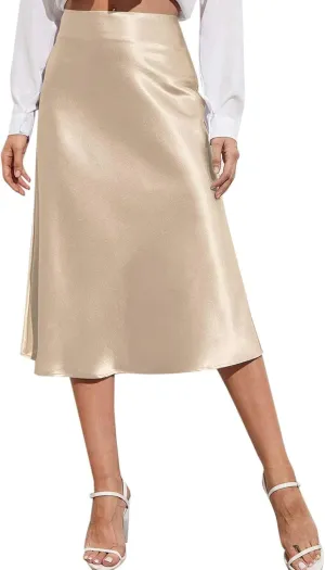 Rvidbe Women's Elastic High Waisted Midi Skirts Summer Dressy Casual Work Office Flowy A-Line Flared Stain Long Skirts