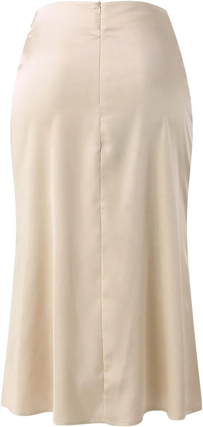 Rvidbe Women's Elastic High Waisted Midi Skirts Summer Dressy Casual Work Office Flowy A-Line Flared Stain Long Skirts
