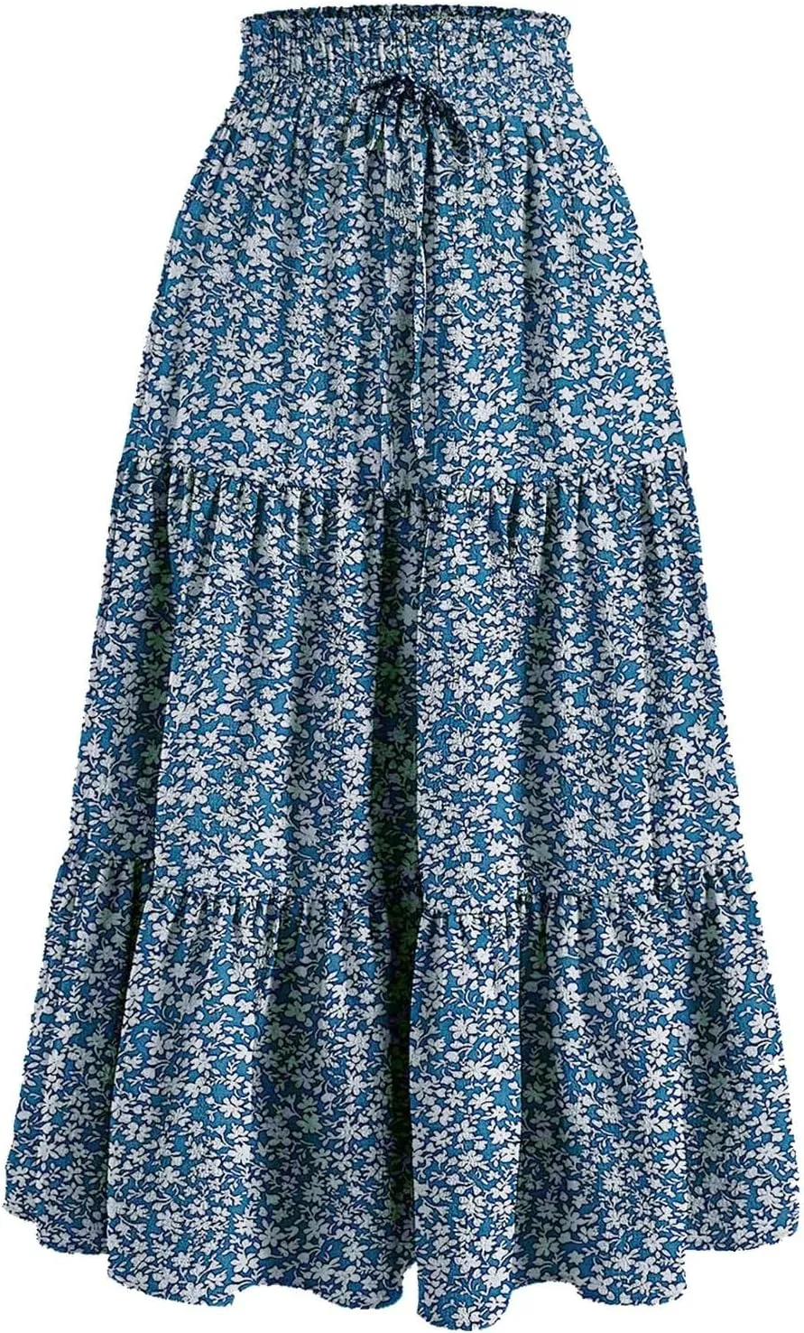 Rvidbe Women's Summer Casual Maxi Skirt Pleated A-Line Flowy Ruffle Tiered Elastic High Waist Vacation Beach Long Skirts