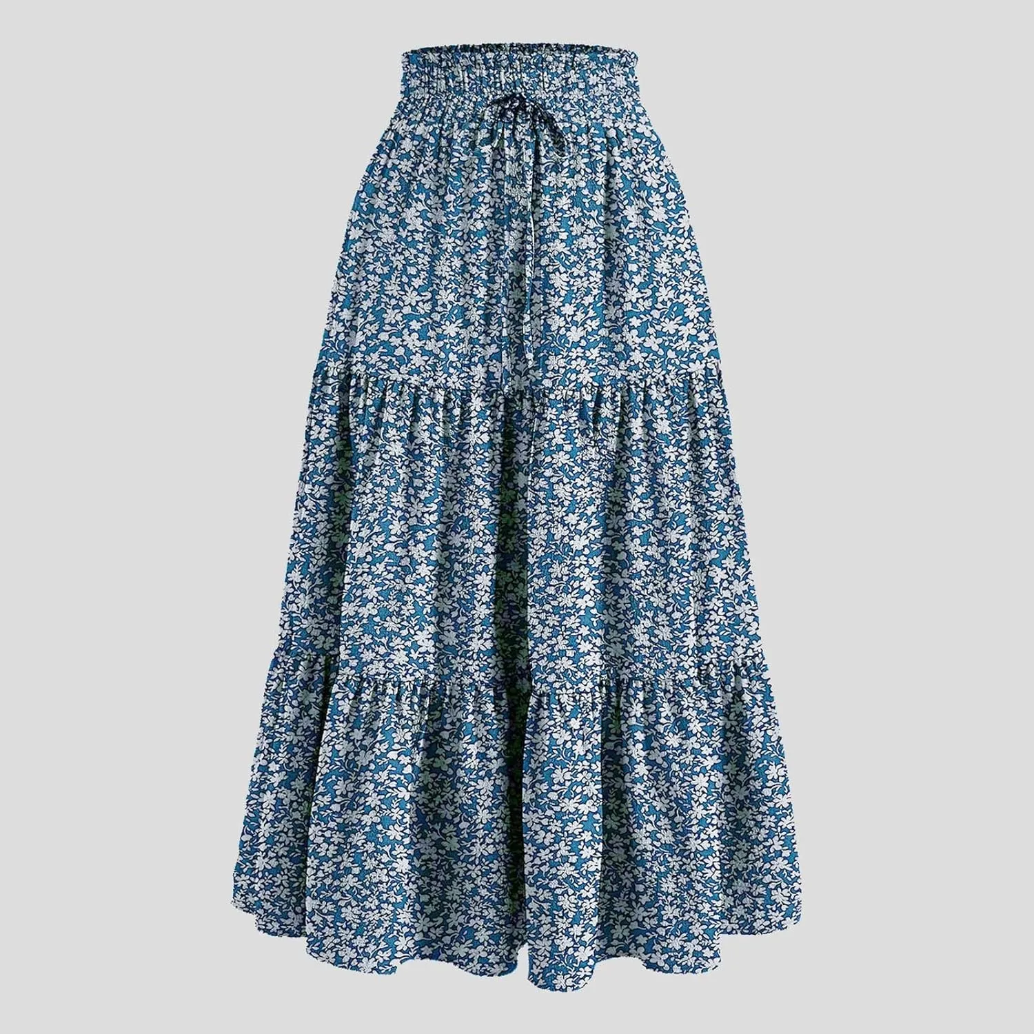 Rvidbe Women's Summer Casual Maxi Skirt Pleated A-Line Flowy Ruffle Tiered Elastic High Waist Vacation Beach Long Skirts