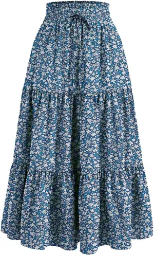 Rvidbe Women's Summer Casual Maxi Skirt Pleated A-Line Flowy Ruffle Tiered Elastic High Waist Vacation Beach Long Skirts