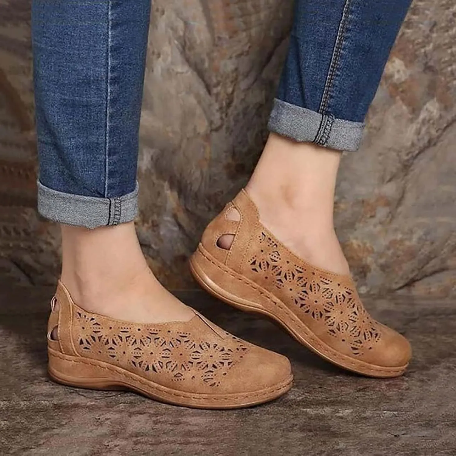 Sandals for Women Girls Retro Thong Sandals Wedge Sandals Round Toe Comfy Shoes Premium Orthopedic Breathable Hollow Comfortable Sandals,Brown,US9/EU41