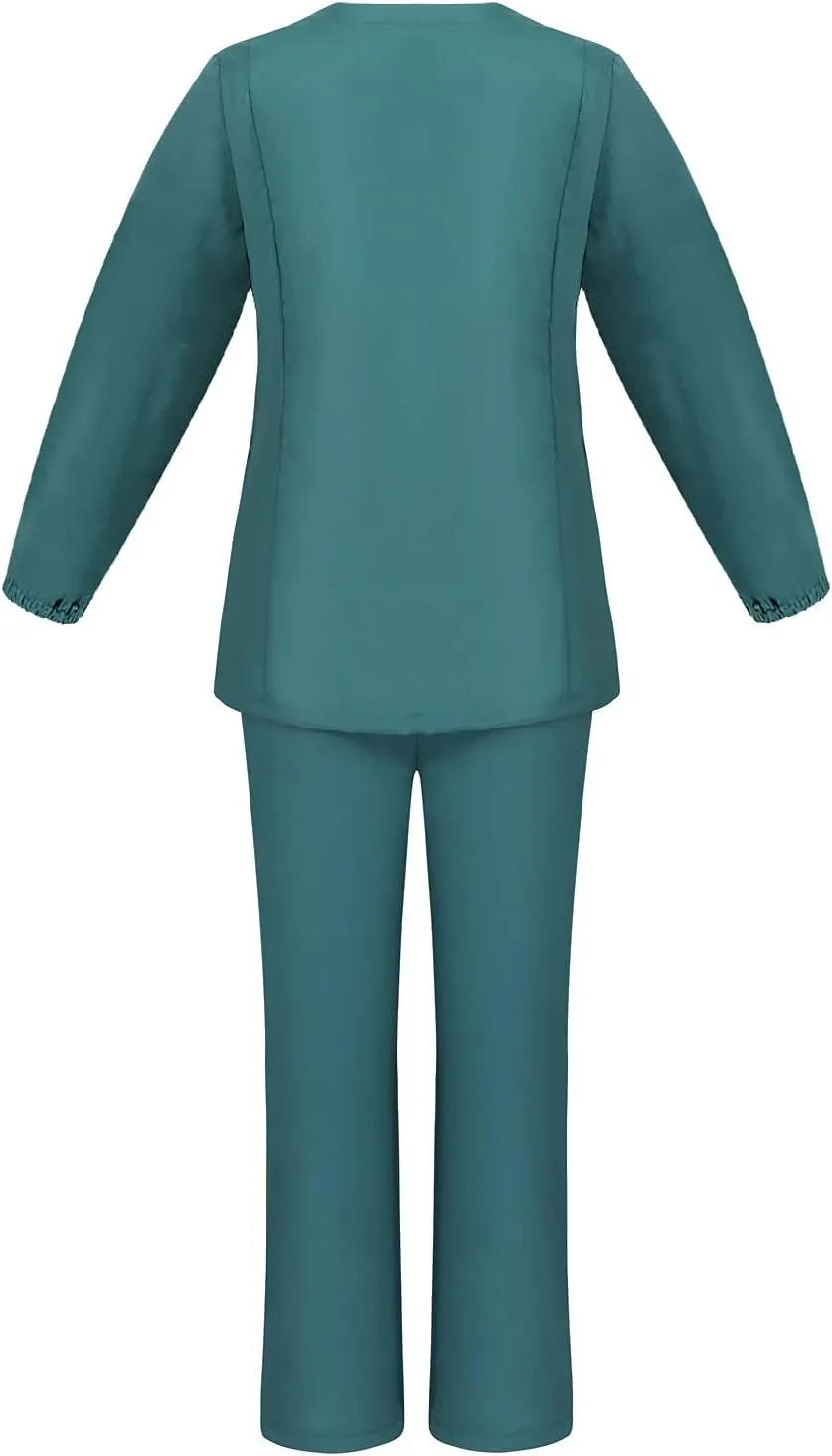 Scrubs for Women Set Summer Long Sleeve Nursing Uniform with Pocket Two Piece Stretch V Neck Holiday Tee Shirt Tunics