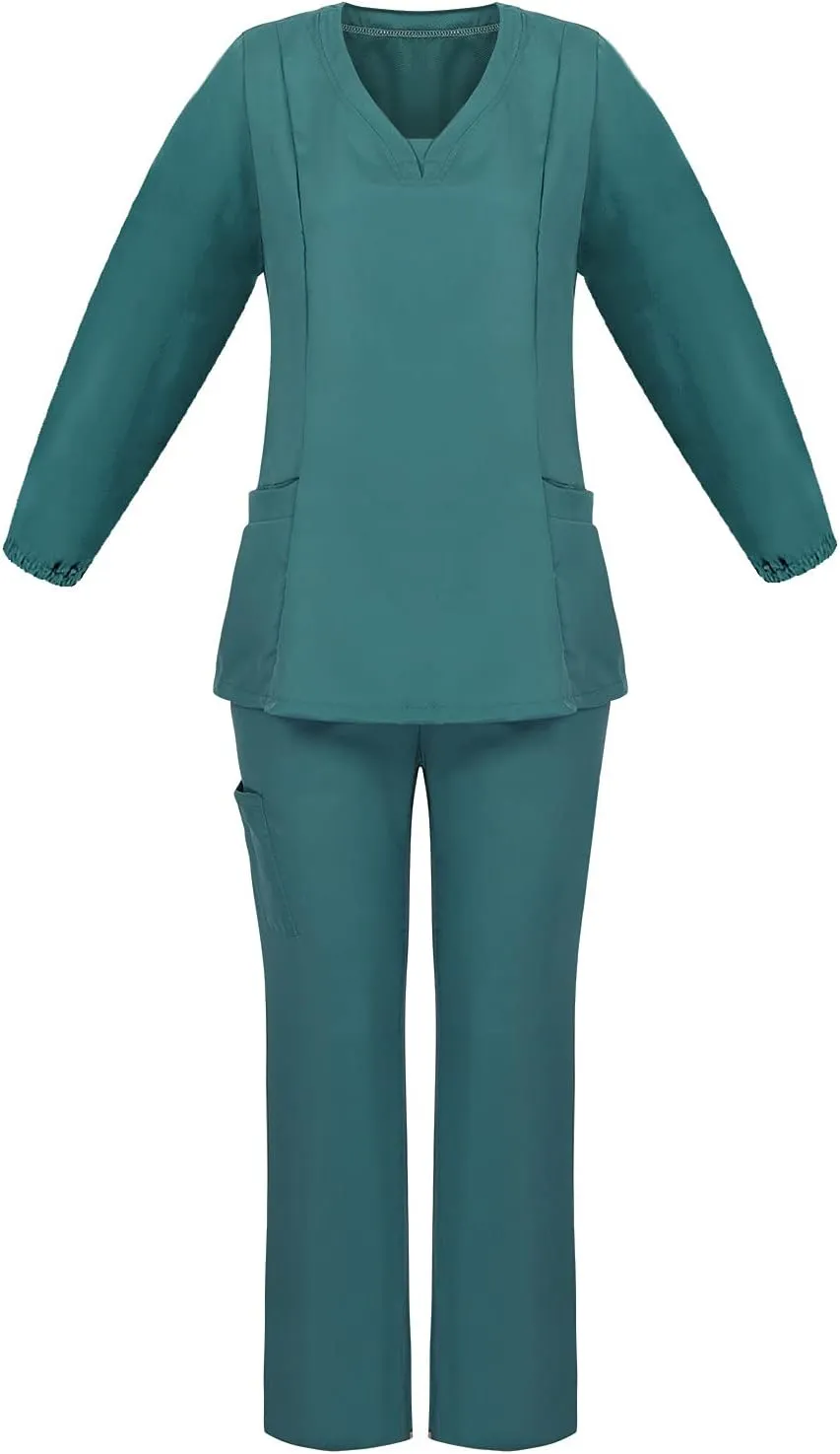 Scrubs for Women Set Summer Long Sleeve Nursing Uniform with Pocket Two Piece Stretch V Neck Holiday Tee Shirt Tunics