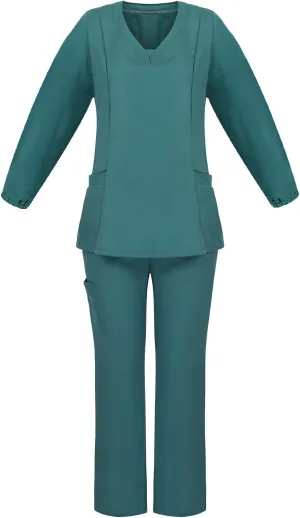 Scrubs for Women Set Summer Long Sleeve Nursing Uniform with Pocket Two Piece Stretch V Neck Holiday Tee Shirt Tunics