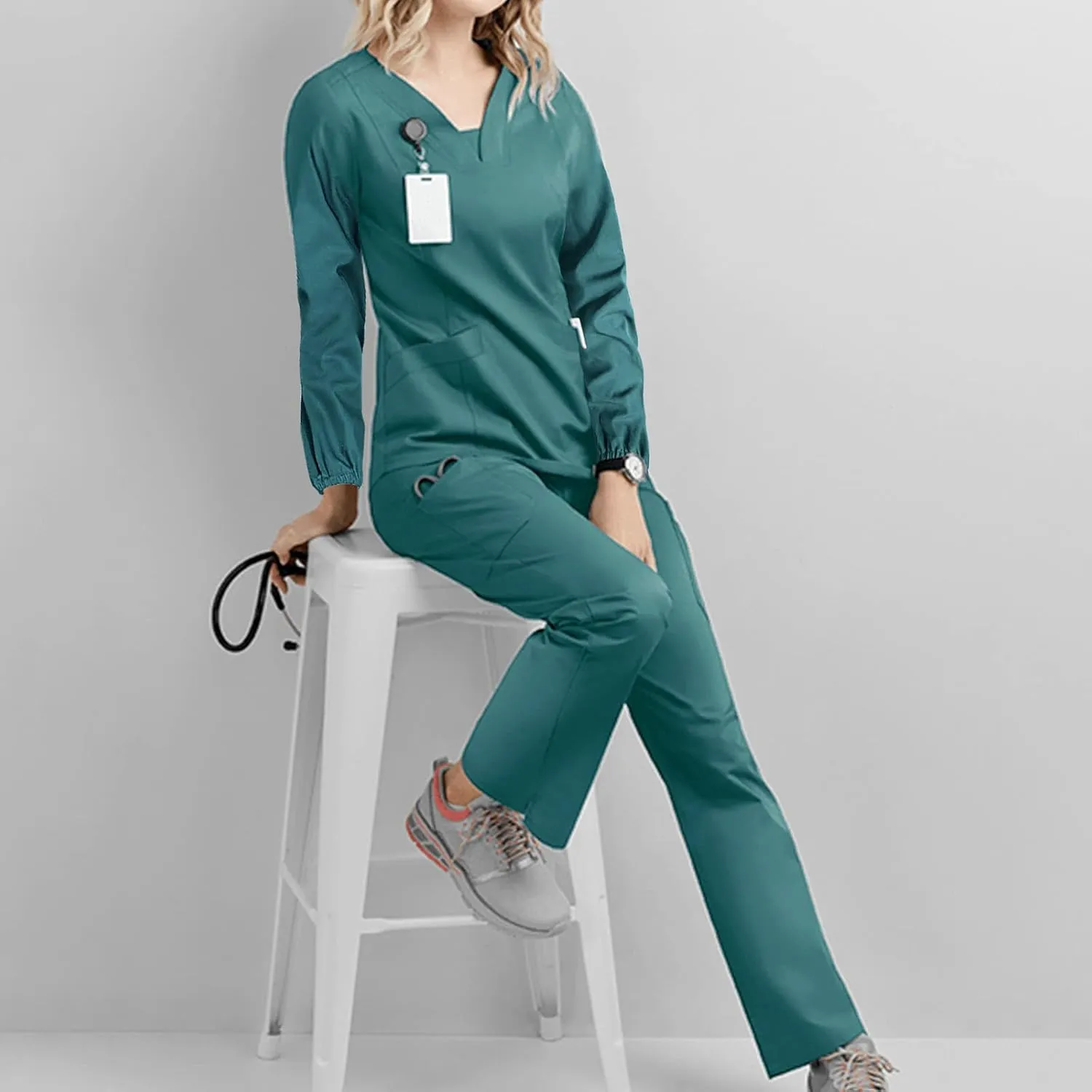 Scrubs for Women Set Summer Long Sleeve Nursing Uniform with Pocket Two Piece Stretch V Neck Holiday Tee Shirt Tunics