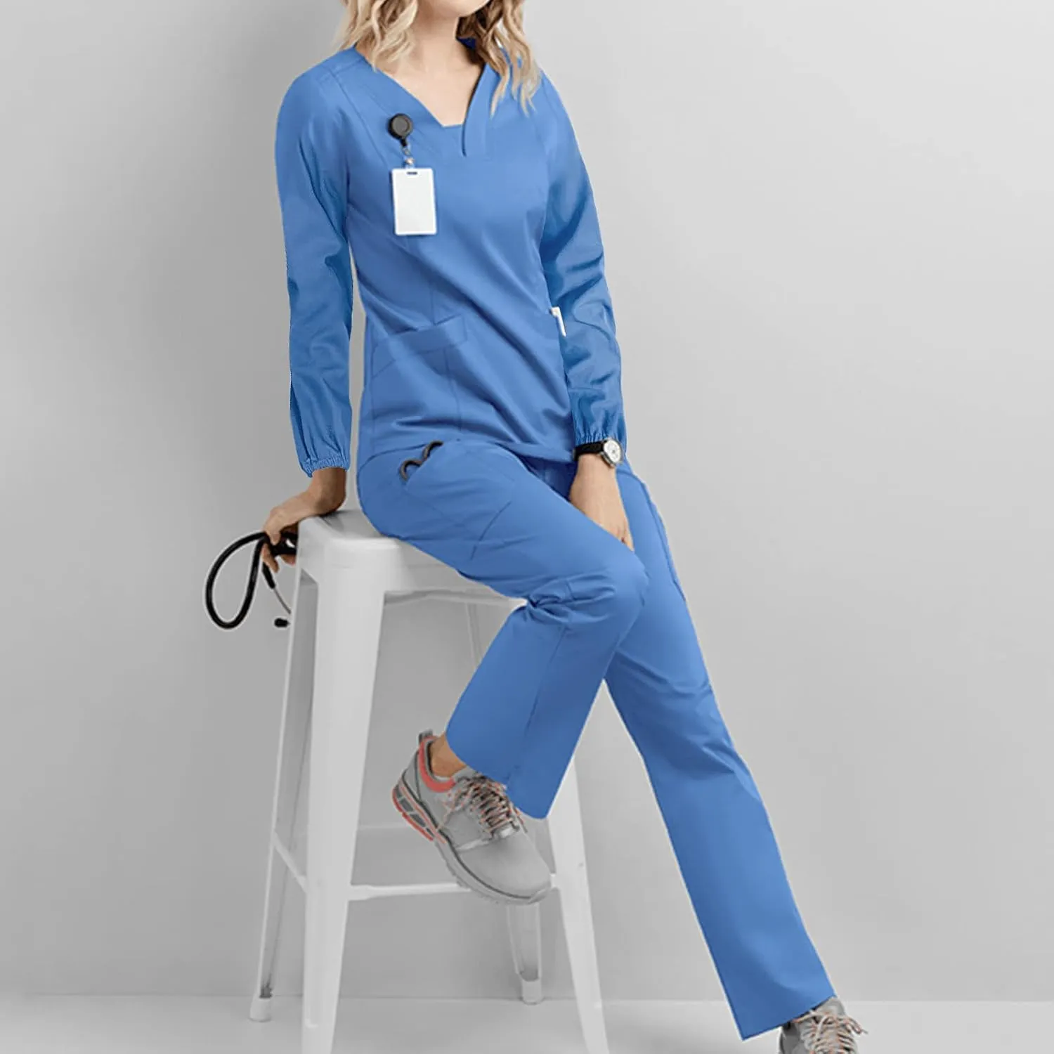 Scrubs for Women Set Summer Long Sleeve Nursing Uniform with Pocket Two Piece Stretch V Neck Holiday Tee Shirt Tunics