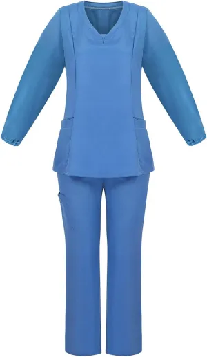 Scrubs for Women Set Summer Long Sleeve Nursing Uniform with Pocket Two Piece Stretch V Neck Holiday Tee Shirt Tunics