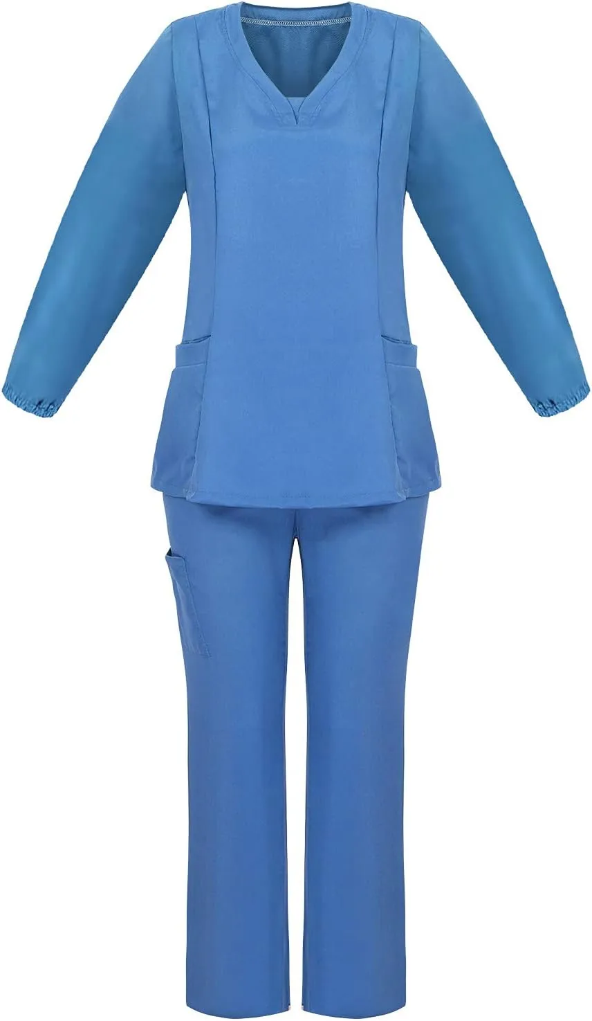 Scrubs for Women Set Summer Long Sleeve Nursing Uniform with Pocket Two Piece Stretch V Neck Holiday Tee Shirt Tunics
