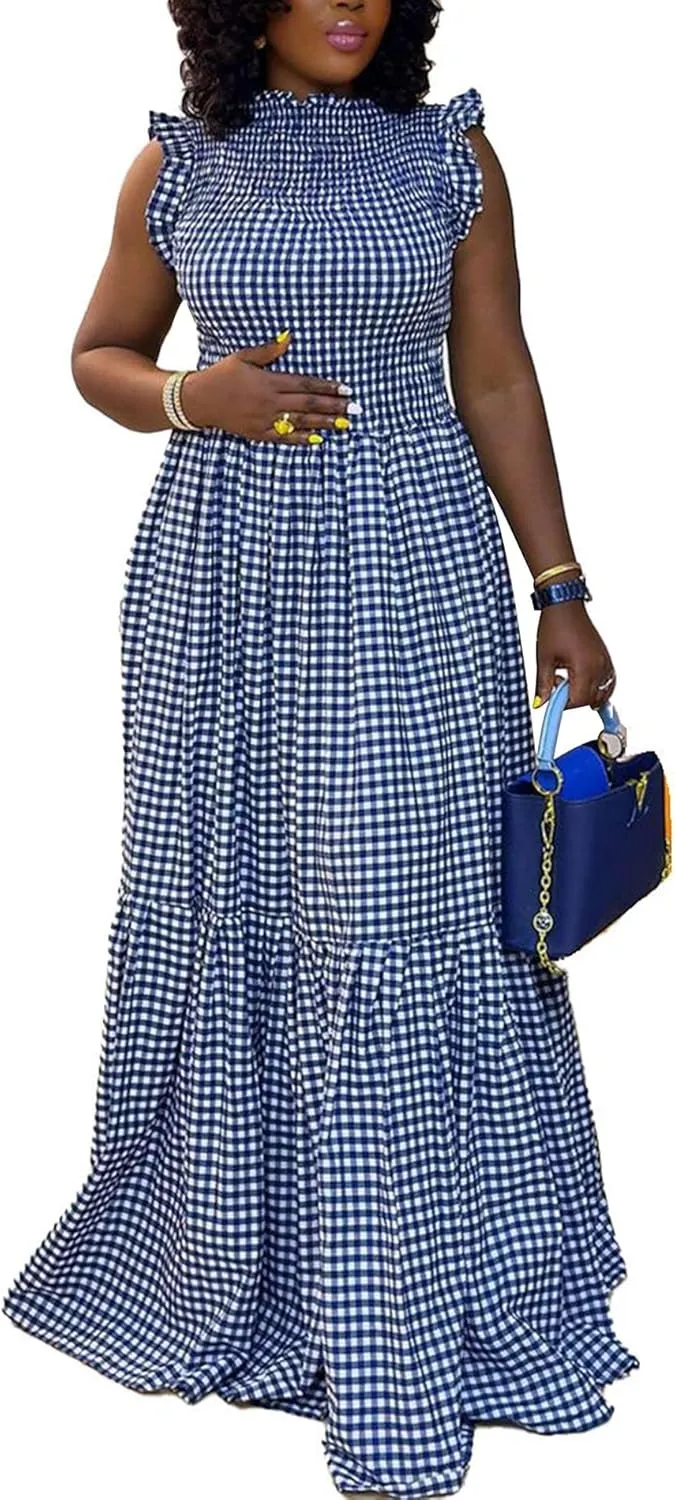 SEMATOMALA Women's Frill Mock Neck Sleeveless Plaid Maxi Dress Smocked Tiered Ruffle Full Length Flowy Boho Dress