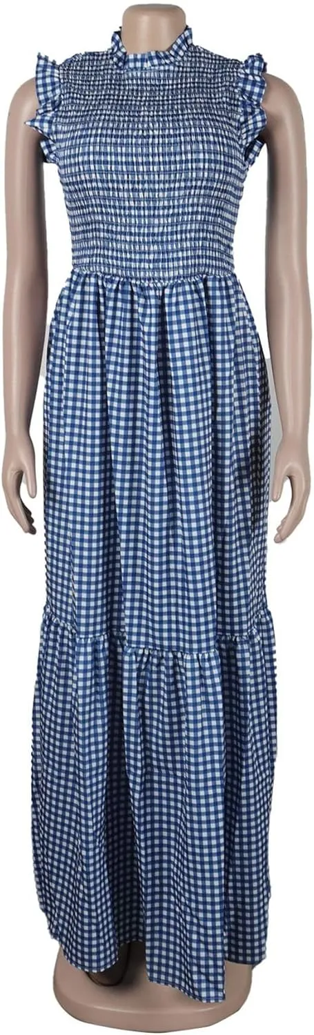 SEMATOMALA Women's Frill Mock Neck Sleeveless Plaid Maxi Dress Smocked Tiered Ruffle Full Length Flowy Boho Dress