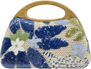 Sequin Clutch Bag for Women, Blue Floral Embroidered Evening Purse with Wooden Base, Top Handle & Removable Chain  Crossbody Handbag for Wedding, Party, Travel