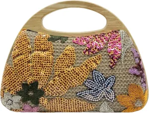 Sequin Clutch Bag for Women, Orange Floral Embroidered Evening Purse with Wooden Base, Top Handle & Removable Chain  Crossbody Handbag for Wedding, Party, Travel