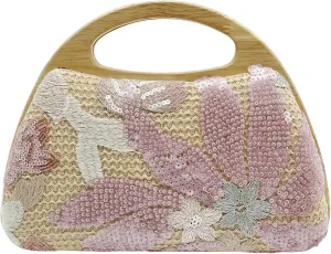 Sequin Clutch Bag for Women, Pink Floral Embroidered Evening Purse with Wooden Base, Top Handle & Removable Chain  Crossbody Handbag for Wedding, Party, Travel