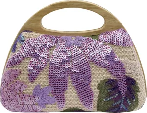Sequin Clutch Bag for Women, Purple Floral Embroidered Evening Purse with Wooden Base, Top Handle & Removable Chain  Crossbody Handbag for Wedding, Party, Travel