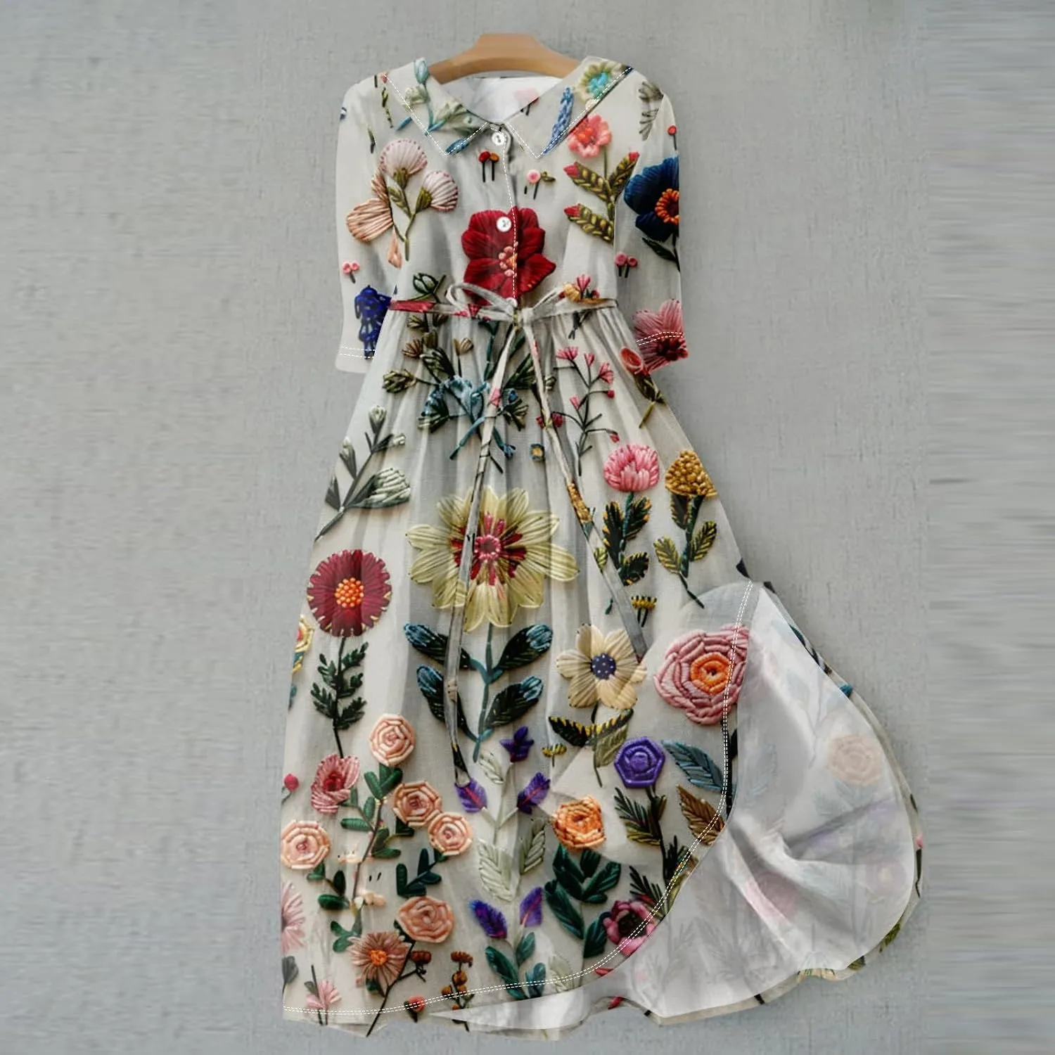 SERYU Womens Floral Summer Dress Boho 3/4 Sleeve Lapel Neck Button A-Line Lace-Up Sundress Vacation Beach Long Dresses