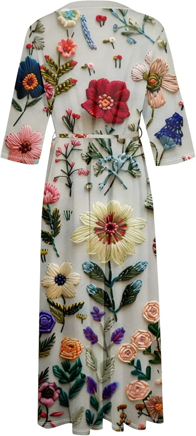 SERYU Womens Floral Summer Dress Boho 3/4 Sleeve Lapel Neck Button A-Line Lace-Up Sundress Vacation Beach Long Dresses