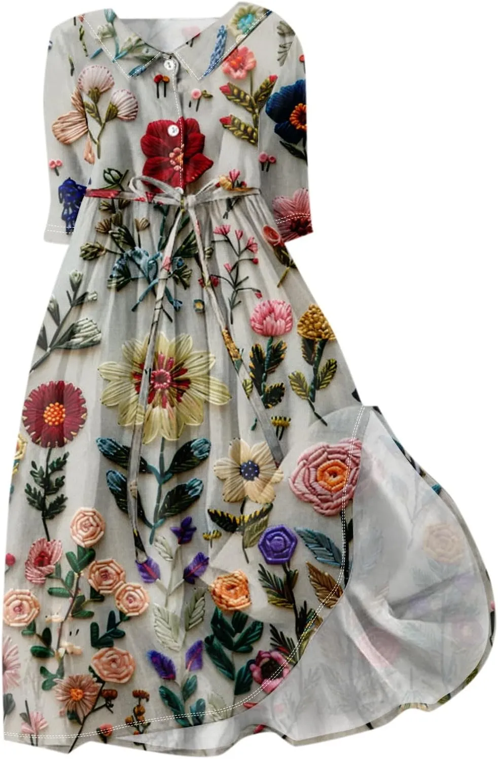 SERYU Womens Floral Summer Dress Boho 3/4 Sleeve Lapel Neck Button A-Line Lace-Up Sundress Vacation Beach Long Dresses