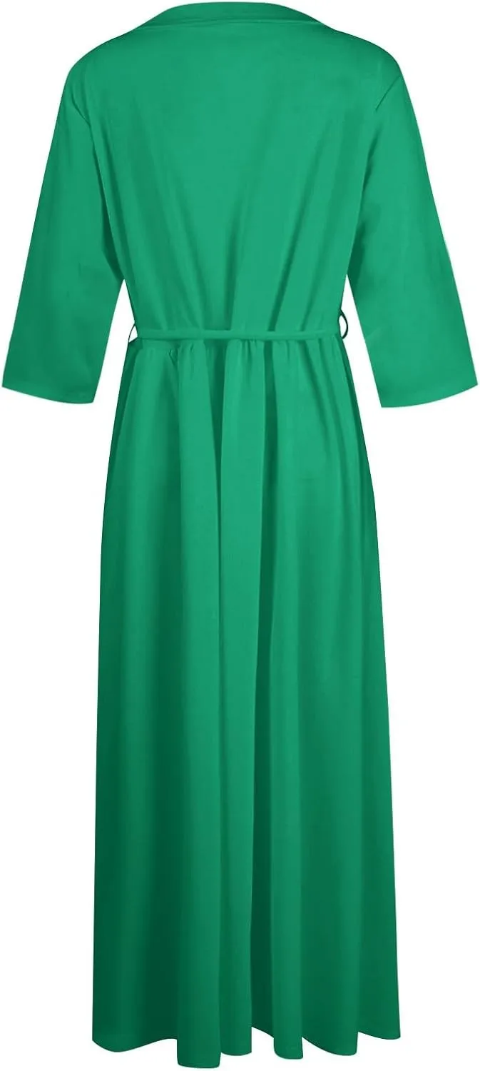 SERYU Womens Floral Summer Dress Boho 3/4 Sleeve Lapel Neck Button A-Line Lace-Up Sundress Vacation Beach Long Dresses
