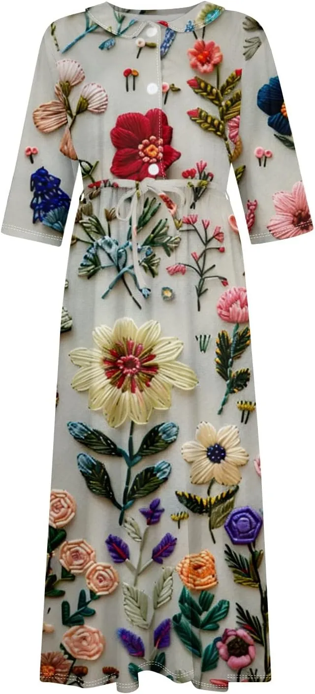 SERYU Womens Floral Summer Dress Boho 3/4 Sleeve Lapel Neck Button A-Line Lace-Up Sundress Vacation Beach Long Dresses
