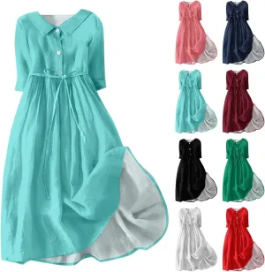 SERYU Womens Floral Summer Dress Boho 3/4 Sleeve Lapel Neck Button A-Line Lace-Up Sundress Vacation Beach Long Dresses