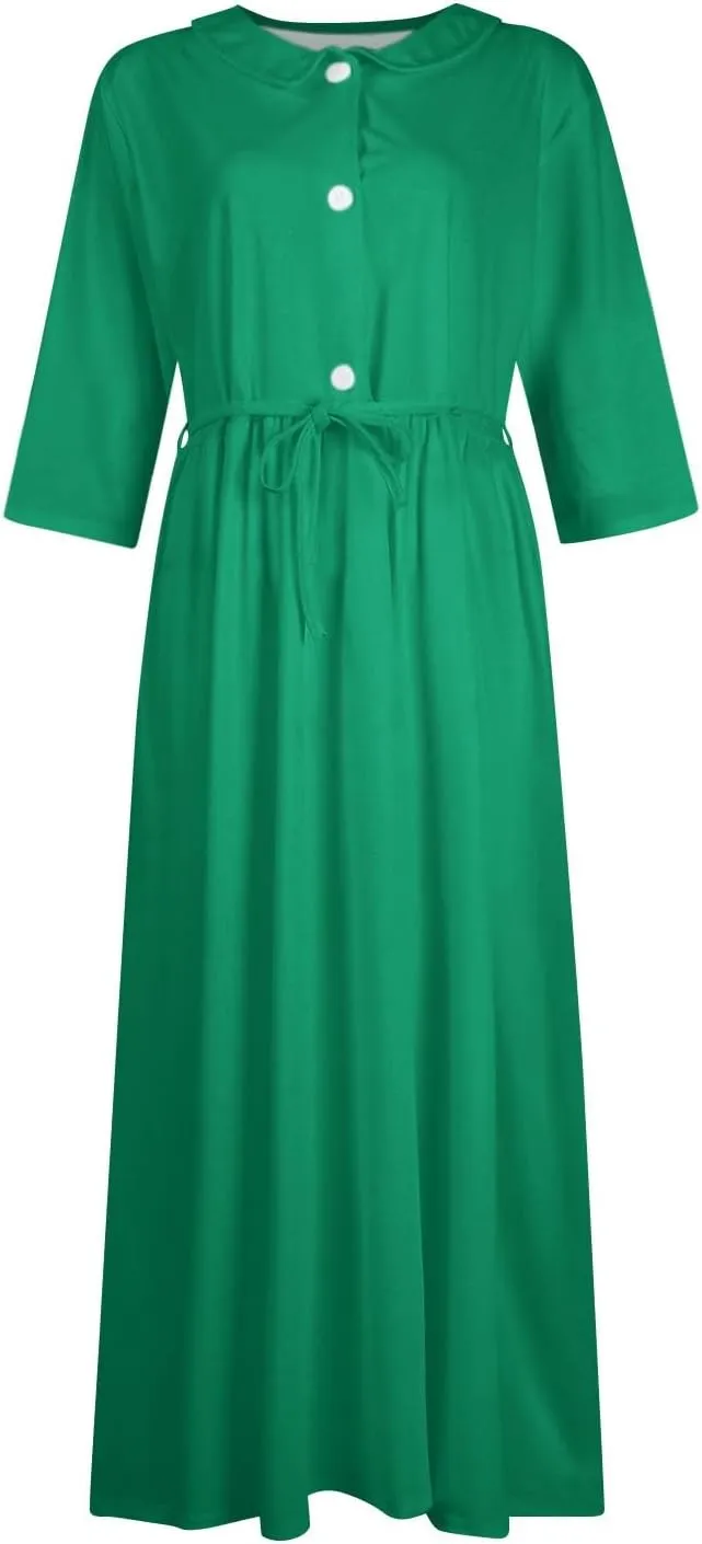 SERYU Womens Floral Summer Dress Boho 3/4 Sleeve Lapel Neck Button A-Line Lace-Up Sundress Vacation Beach Long Dresses