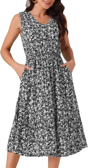 Seta T Women's Summer Dresses 2025 V Neck Sleeveless Sundress Beach Floral Flowy Midi Dress with Pockets