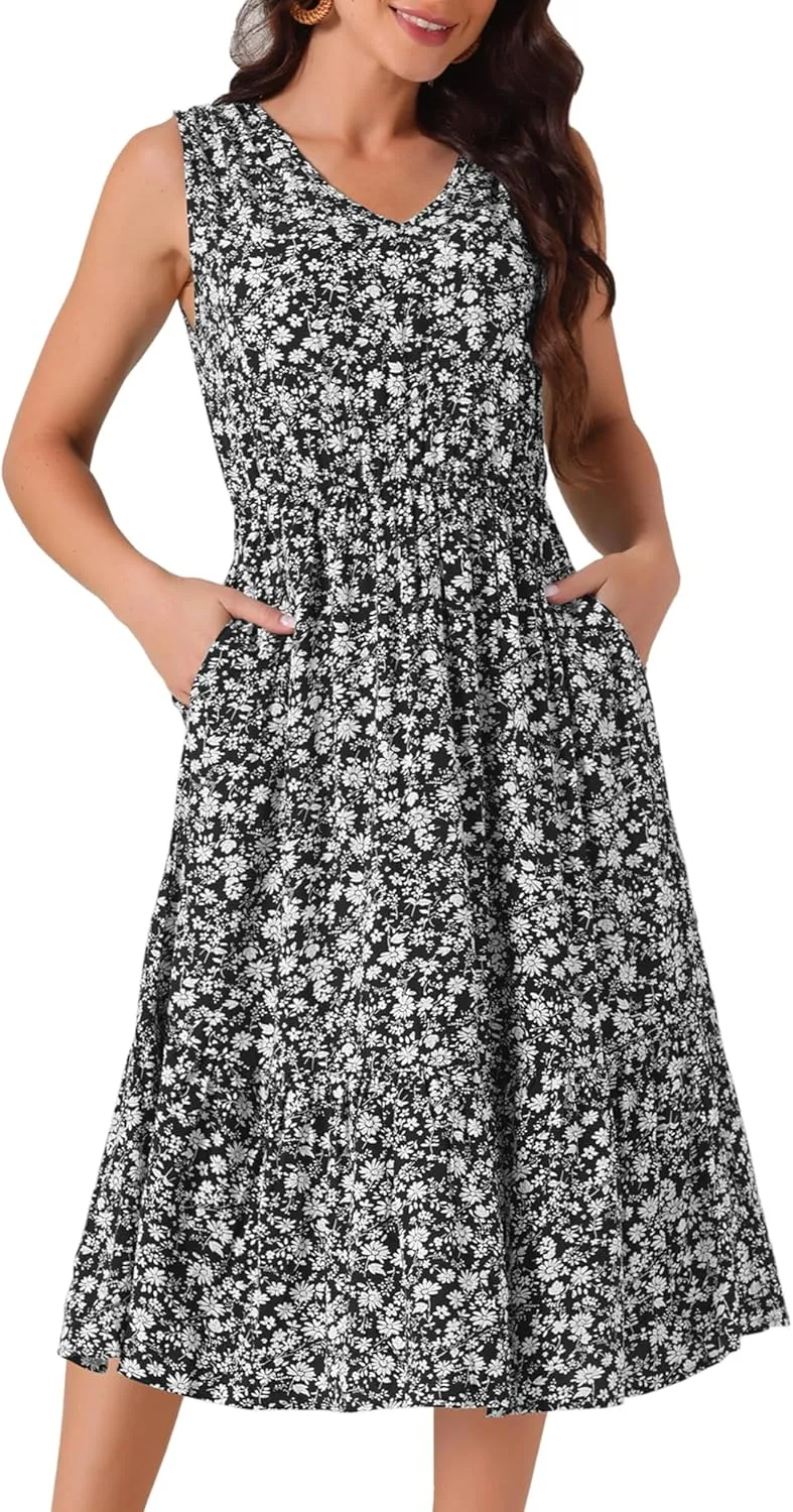 Seta T Women's Summer Dresses 2025 V Neck Sleeveless Sundress Beach Floral Flowy Midi Dress with Pockets