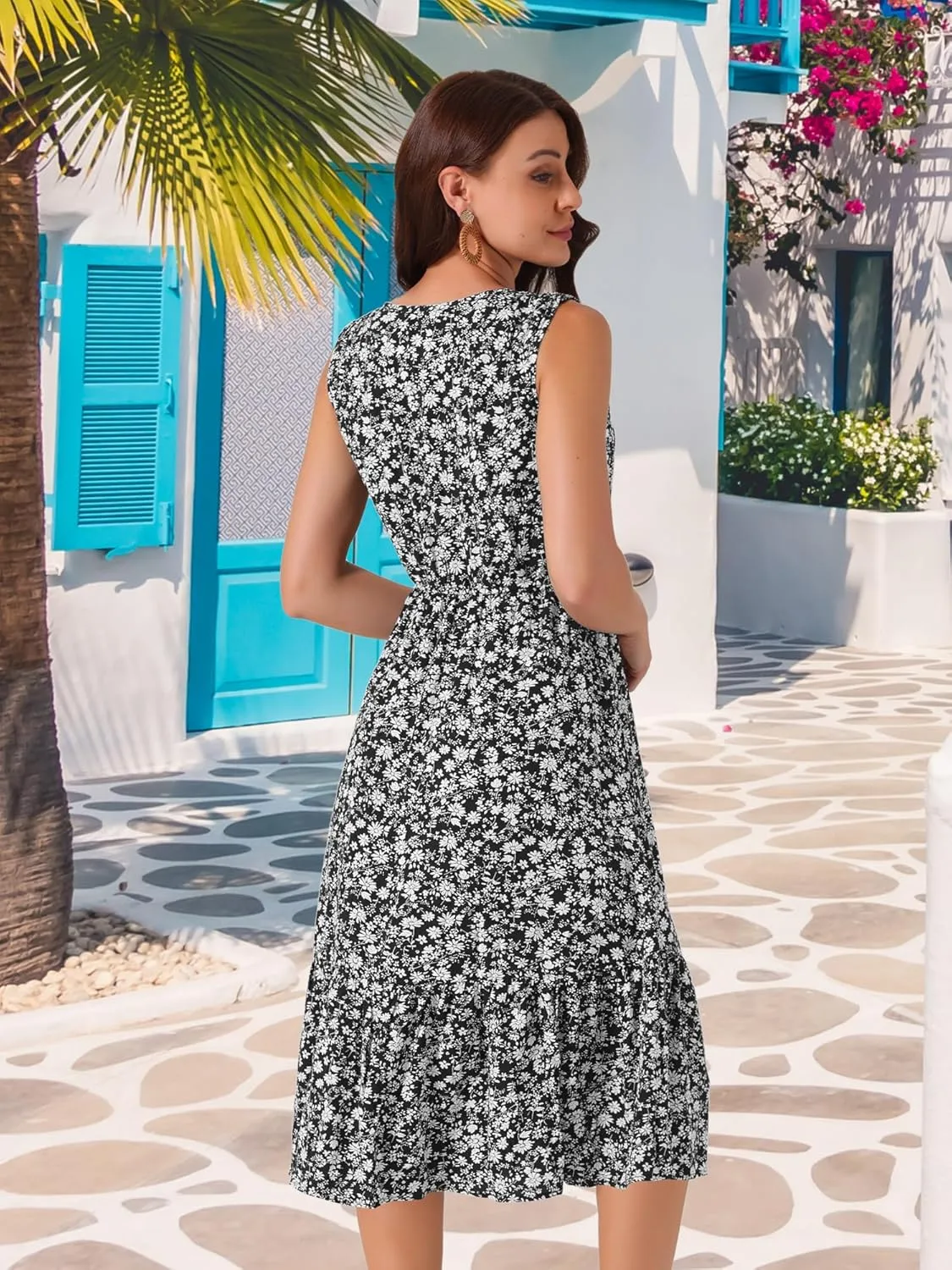 Seta T Women's Summer Dresses 2025 V Neck Sleeveless Sundress Beach Floral Flowy Midi Dress with Pockets