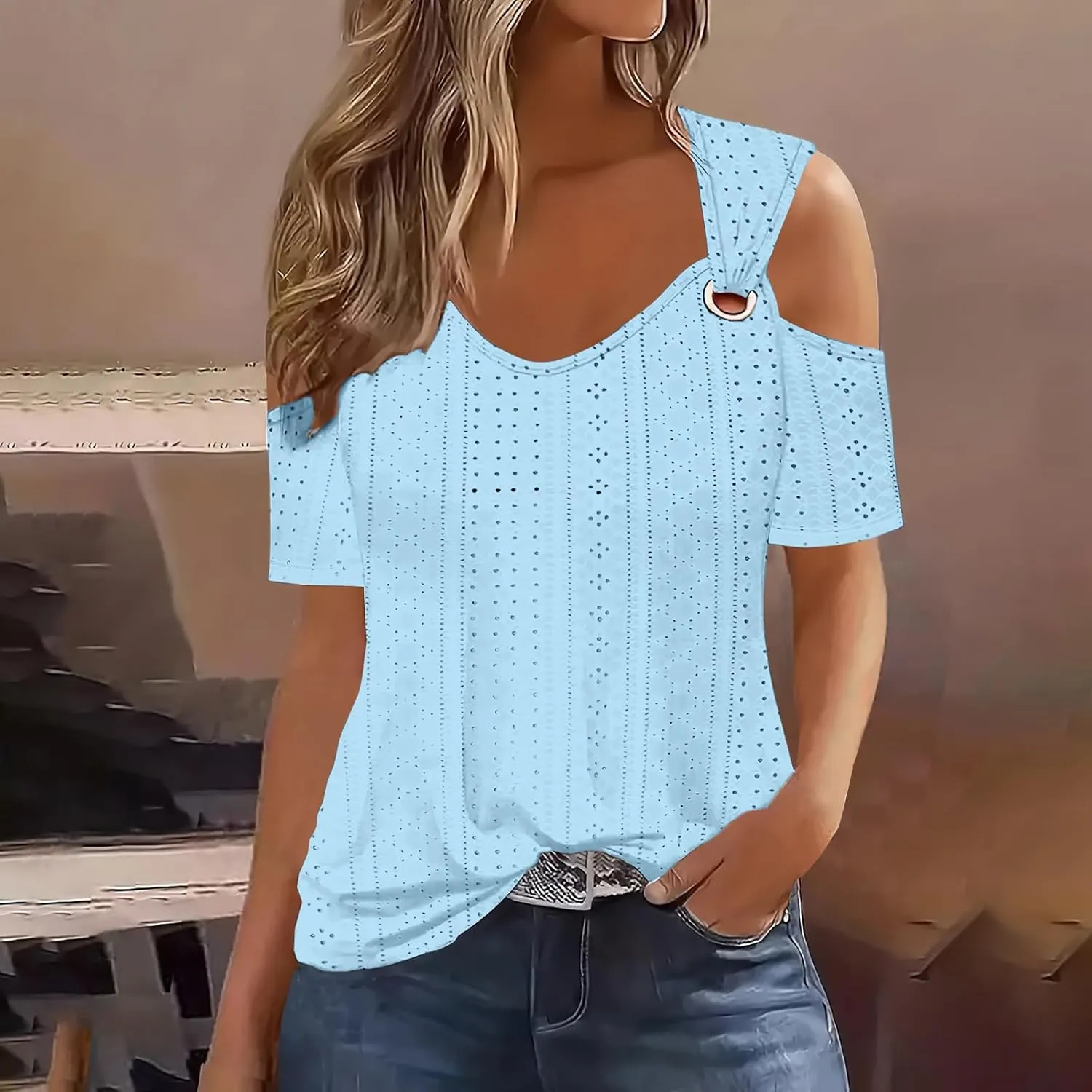 Sexy Cold Sholuder Tops for Women 2025 Summer Hollow Out Eyelet Short Sleeve Blouse Loose V Neck Tshirt Casual Tunics