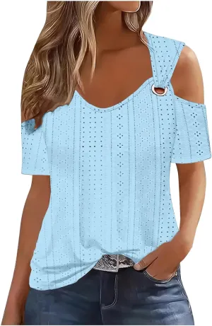 Sexy Cold Sholuder Tops for Women 2025 Summer Hollow Out Eyelet Short Sleeve Blouse Loose V Neck Tshirt Casual Tunics