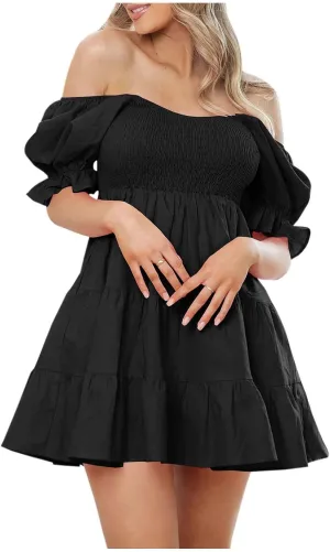 Sexy Dresses for Women 2025 Summer Cotton Lantern Sleeves Short Sundress Ruffled Off Shoulder A-Line Mini Dresses