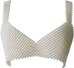Sexy Pearl Bra Imitation Pearl Beaded Body Chain Crop Top Summer Beach Nightclub Pearl Body Chain Bra Tanks Sleeveless Cover Ups Body Jewelry for Women & Girls