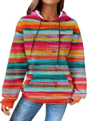 SHAOBGE Hoodies For Women Casual Pullover Waffle Long Sleeve Drawstring Hooded Sweatshirt with Pocket